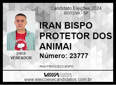 Candidato IRAN BISPO PROTETOR DE ANIMAIS 2024 - BOITUVA - Eleições