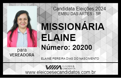 Candidato MISSIONÁRIA ELAINE 2024 - EMBU DAS ARTES - Eleições