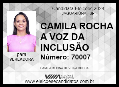 Candidato CAMILA ROCHA A VOZ DA INCLUSÃO 2024 - JAGUARIÚNA - Eleições