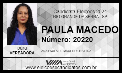 Candidato PAULA MACEDO 2024 - RIO GRANDE DA SERRA - Eleições