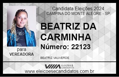 Candidato BEATRIZ DA CARMINHA 2024 - CAMPINA DO MONTE ALEGRE - Eleições