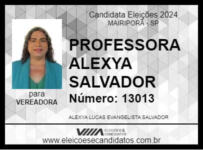 Candidato PROFESSORA ALEXYA SALVADOR 2024 - MAIRIPORÃ - Eleições