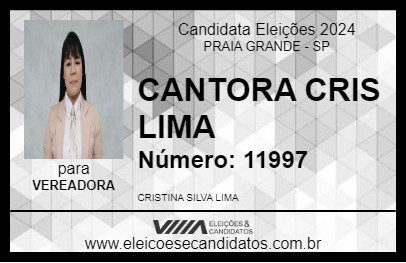 Candidato CANTORA CRIS LIMA 2024 - PRAIA GRANDE - Eleições