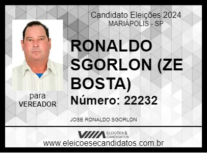 Candidato RONALDO SGORLON (ZE BOSTA) 2024 - MARIÁPOLIS - Eleições