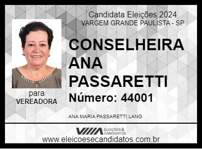 Candidato CONSELHEIRA ANA PASSARETTI 2024 - VARGEM GRANDE PAULISTA - Eleições