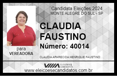 Candidato CLAUDIA FAUSTINO 2024 - MONTE ALEGRE DO SUL - Eleições