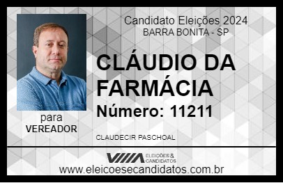 Candidato CLÁUDIO DA FARMÁCIA 2024 - BARRA BONITA - Eleições