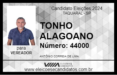 Candidato TONHO ALAGOANO 2024 - TAQUARAL - Eleições