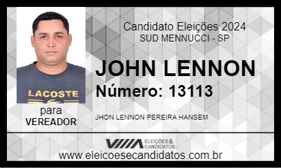 Candidato JOHN LENNON 2024 - SUD MENNUCCI - Eleições