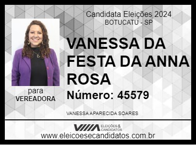 Candidato VANESSA DA FESTA DA ANNA ROSA 2024 - BOTUCATU - Eleições