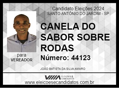 Candidato CANELA DO SABOR SOBRE RODAS 2024 - SANTO ANTÔNIO DO JARDIM - Eleições