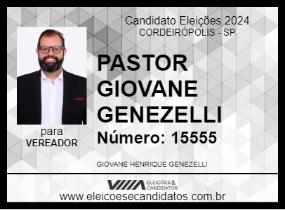 Candidato PASTOR GIOVANE GENEZELLI 2024 - CORDEIRÓPOLIS - Eleições