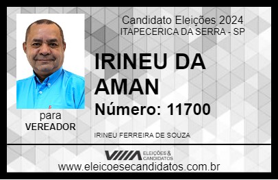 Candidato IRINEU DA AMAN 2024 - ITAPECERICA DA SERRA - Eleições