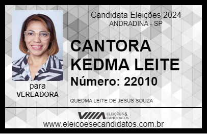 Candidato CANTORA KEDMA LEITE 2024 - ANDRADINA - Eleições