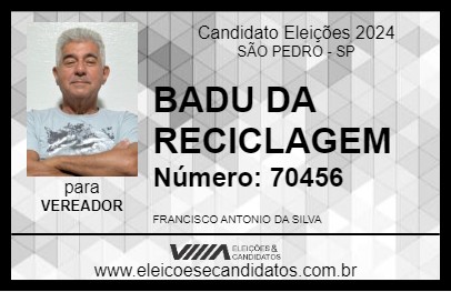 Candidato BADU DA RECICLAGEM 2024 - SÃO PEDRO - Eleições