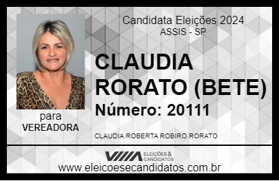 Candidato CLAUDIA RORATO (BETE) 2024 - ASSIS - Eleições