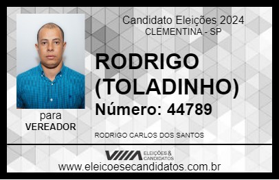 Candidato RODRIGO (TOLADINHO) 2024 - CLEMENTINA - Eleições