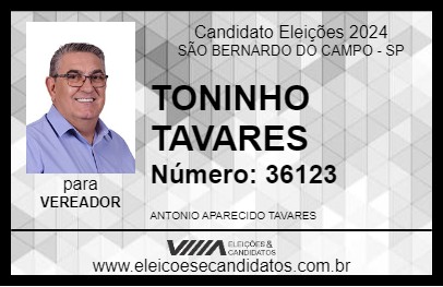 Candidato TONINHO TAVARES 2024 - SÃO BERNARDO DO CAMPO - Eleições