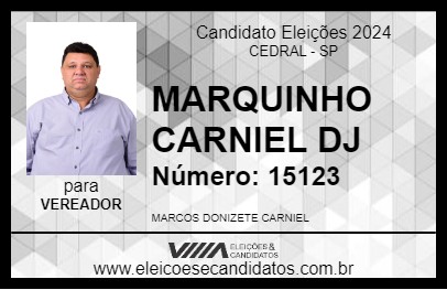 Candidato MARQUINHO CARNIEL DJ 2024 - CEDRAL - Eleições