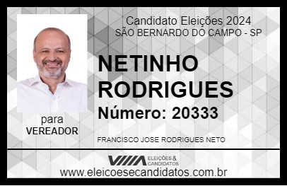 Candidato NETINHO RODRIGUES 2024 - SÃO BERNARDO DO CAMPO - Eleições