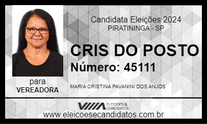 Candidato CRIS DO POSTO 2024 - PIRATININGA - Eleições