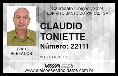 Candidato CLAUDIO TONIETTE 2024 - ESPÍRITO SANTO DO PINHAL - Eleições