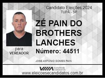 Candidato ZÉ PAIN DO BROTHERS LANCHES 2024 - TUPÃ - Eleições