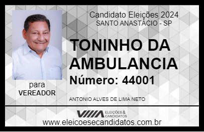 Candidato TONINHO DA AMBULANCIA 2024 - SANTO ANASTÁCIO - Eleições