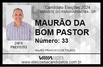 Candidato MAURÃO DA BOM PASTOR 2024 - MIRANTE DO PARANAPANEMA - Eleições