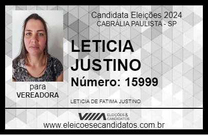 Candidato LETICIA JUSTINO 2024 - CABRÁLIA PAULISTA - Eleições