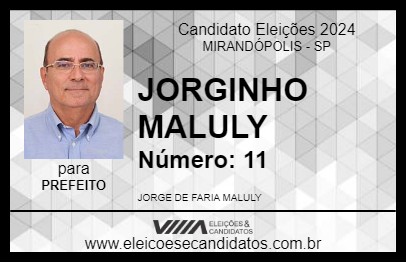 Candidato JORGINHO MALULY 2024 - MIRANDÓPOLIS - Eleições