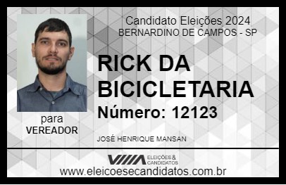 Candidato RICK DA BICICLETARIA  2024 - BERNARDINO DE CAMPOS - Eleições