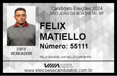 Candidato FELIX MATIELLO 2024 - SÃO JOÃO DA BOA VISTA - Eleições