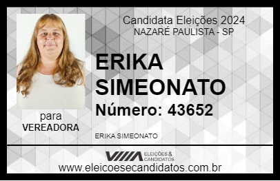 Candidato ERIKA SIMEONATO 2024 - NAZARÉ PAULISTA - Eleições