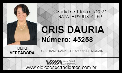 Candidato CRIS DAURIA 2024 - NAZARÉ PAULISTA - Eleições