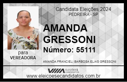 Candidato AMANDA GRESSONI 2024 - PEDREIRA - Eleições