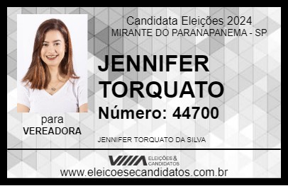 Candidato JENNIFER TORQUATO 2024 - MIRANTE DO PARANAPANEMA - Eleições