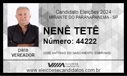 Candidato NENÊ TETÊ 2024 - MIRANTE DO PARANAPANEMA - Eleições