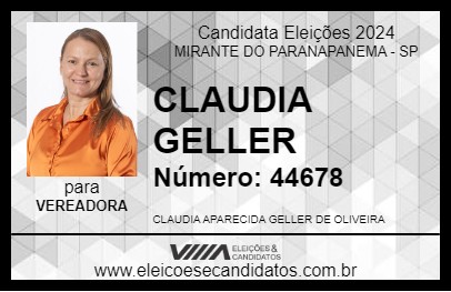 Candidato CLAUDIA GELLER 2024 - MIRANTE DO PARANAPANEMA - Eleições