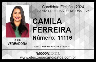 Candidato CAMILA FERREIRA 2024 - SANTA CRUZ DAS PALMEIRAS - Eleições