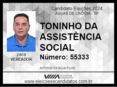 Candidato TONINHO DA ASSISTÊNCIA SOCIAL 2024 - ÁGUAS DE LINDÓIA - Eleições