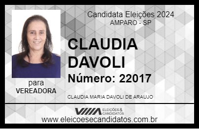 Candidato CLAUDIA DAVOLI 2024 - AMPARO - Eleições