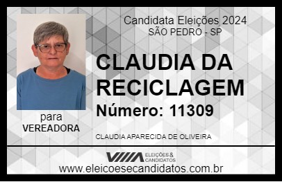 Candidato CLAUDIA DA RECICLAGEM 2024 - SÃO PEDRO - Eleições