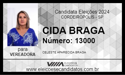 Candidato CIDA BRAGA 2024 - CORDEIRÓPOLIS - Eleições