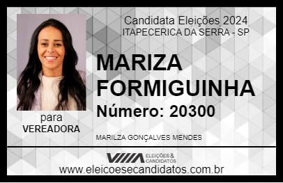 Candidato PROFESSORA MARIZA FORMIGUINHA 2024 - ITAPECERICA DA SERRA - Eleições