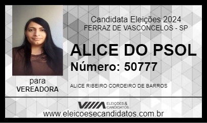 Candidato ALICE DO PSOL 2024 - FERRAZ DE VASCONCELOS - Eleições