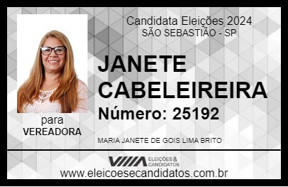 Candidato JANETE CABELEIREIRA 2024 - SÃO SEBASTIÃO - Eleições