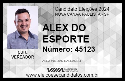 Candidato ALEX DO ESPORTE 2024 - NOVA CANAÃ PAULISTA - Eleições