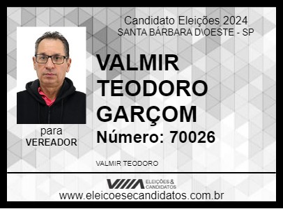 Candidato VALMIR TEODORO GARÇOM 2024 - SANTA BÁRBARA D\OESTE - Eleições