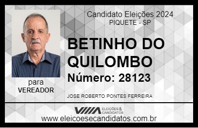 Candidato BETINHO DO QUILOMBO 2024 - PIQUETE - Eleições